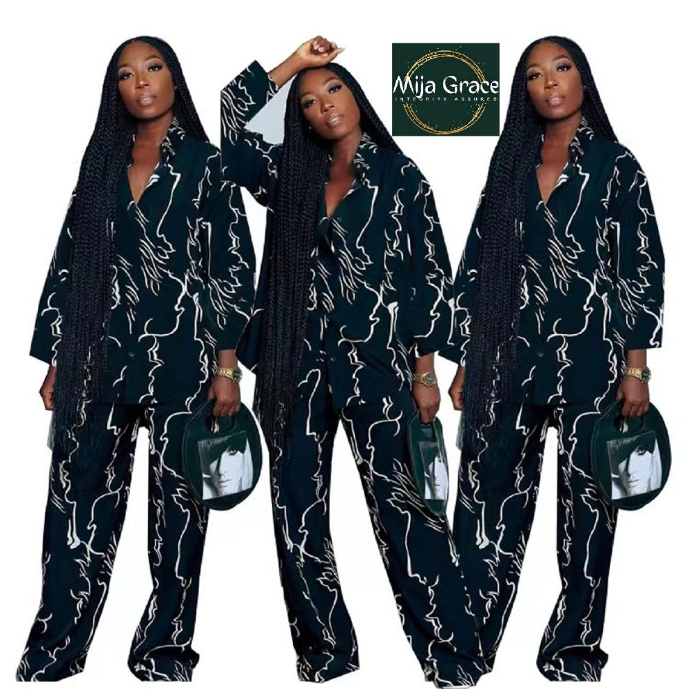 {MijaGrace} Women's Classy Printed Loose 2 Piece Pant Set - Black