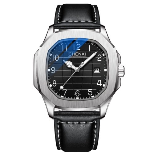 Men's Business Leather Wristwatch - Silver + Black