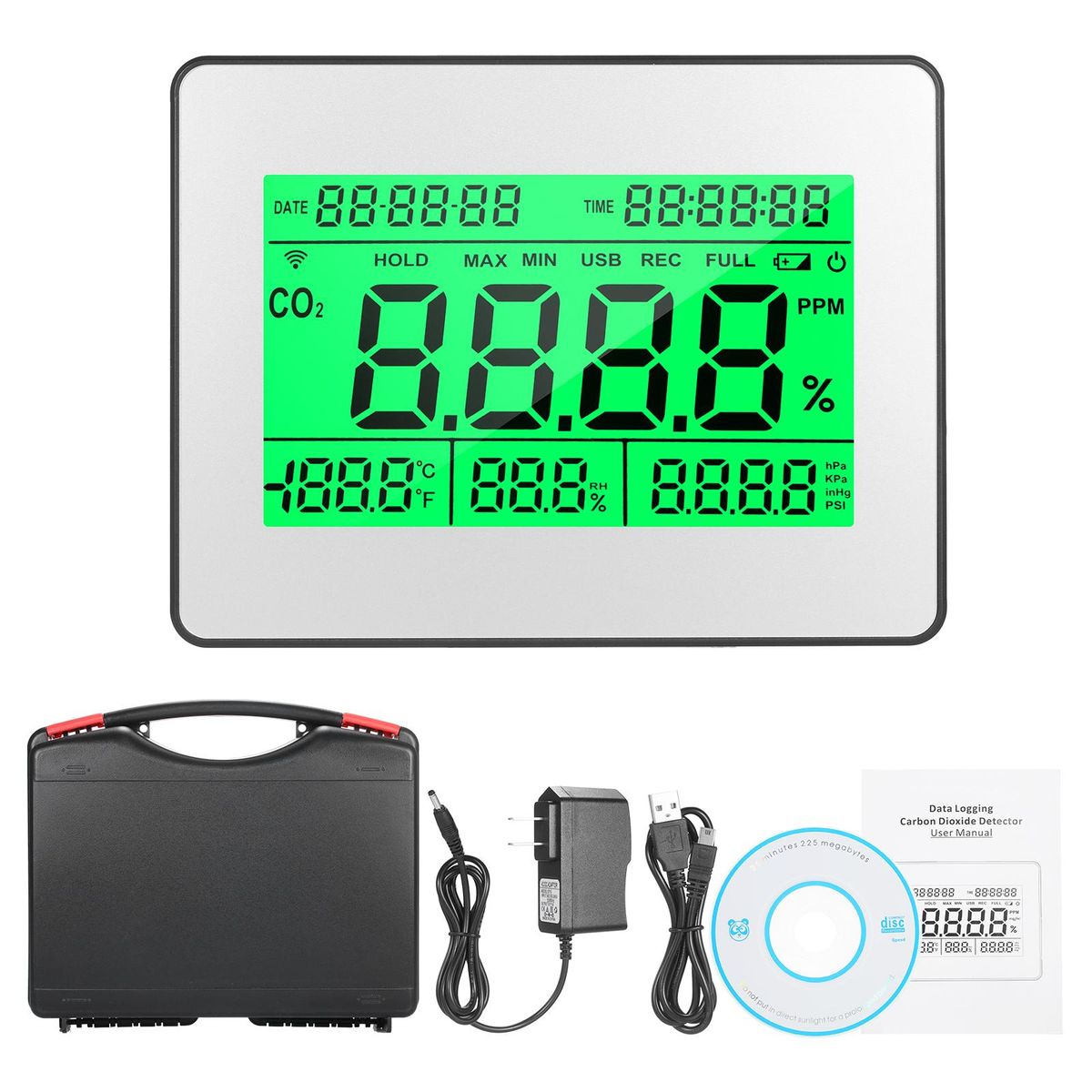 Data Logging Carbon Dioxide Detector Air Quality Monitor Meter with Data Logging Clock Function 5.5-inch Large LCD Wall Mountable CO2 Detector Carbon Dioxide Indicator Multifunctional Tester Measuring CO2 Concentration & Temperature & Humidity & Barometri