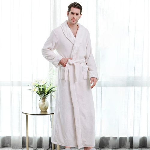 Thicken Warm Couple Flannel Robe Winter Long Sleeve Bathrobe Sexy V-Neck Women Men Nightgown Lounge Sleepwear Home Clothes（#White-men）
