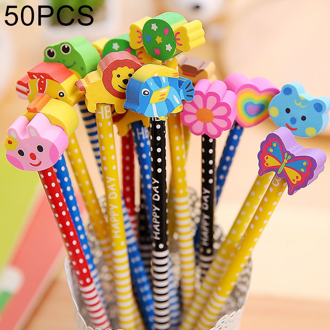 50 PCS Creative Stationery Cartoon Animals Series Wooden HB Pencil With Eraser Children Pencils For Kids School Office Supply,  Delivery