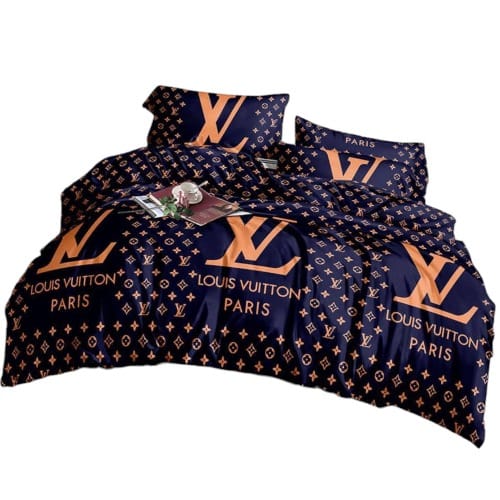 Lv Inspired Bedsheet And 2 Pillow Case Bedding Set - Navyblue/orange - 6 By 6
