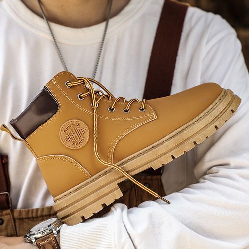 Motorcycle Boots Men High-top Shoes Fashion Trend All-match Leather Martin Boots For Man Outdoor Casual Work Shoes Lace-Up Male Winter Ankle Boots Brown