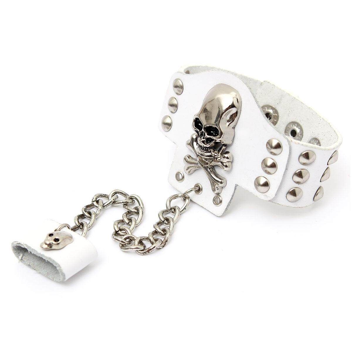 Metal Studded Skull Cowhide Leather Ring Chain Bracelet Wristband Ring Unisex White White