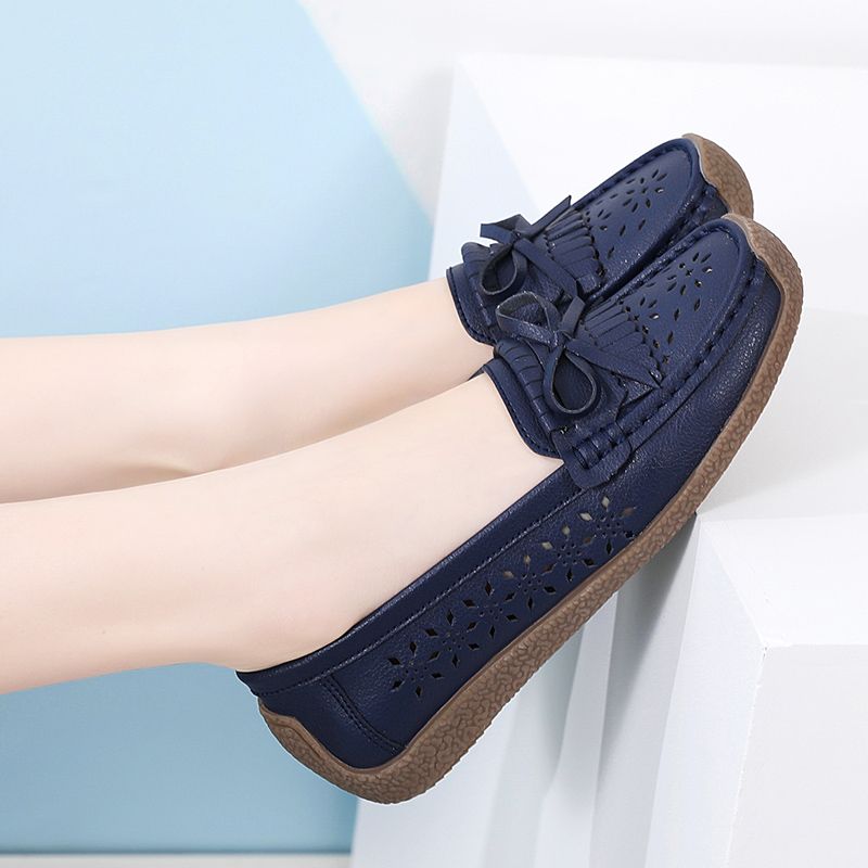 EUR Size 35-44 NEW Women Shoes Oxford Flats Shoes Woman Soft Bottom Cow Leather Women Flats Cut-Outs Summer Hollow Women's Loafers Female Solid Fashion Comfy Slip On Casual Shoes Ladies Ballet Flats Blue