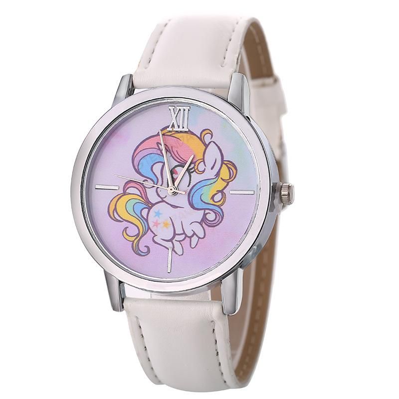 Student Watch Unicorn Pattern Quartz Watch, Cute Cartoon Girls Watch White Leather Strap