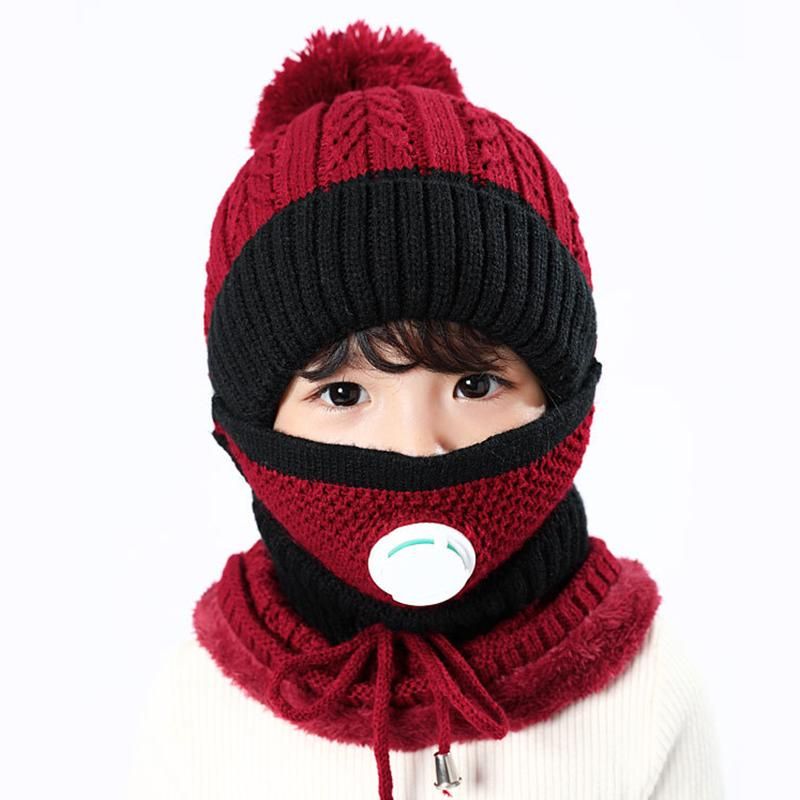 3 In 1 Kids Knitted Scarf Hat Face Guard Set With Breathing Valve Winter Warm Soft For Children Outdoor