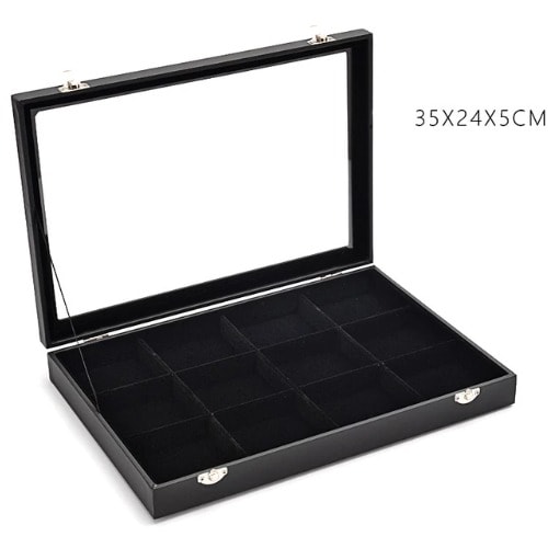 Clear Glass Jewelry Box - Black -12 Grids