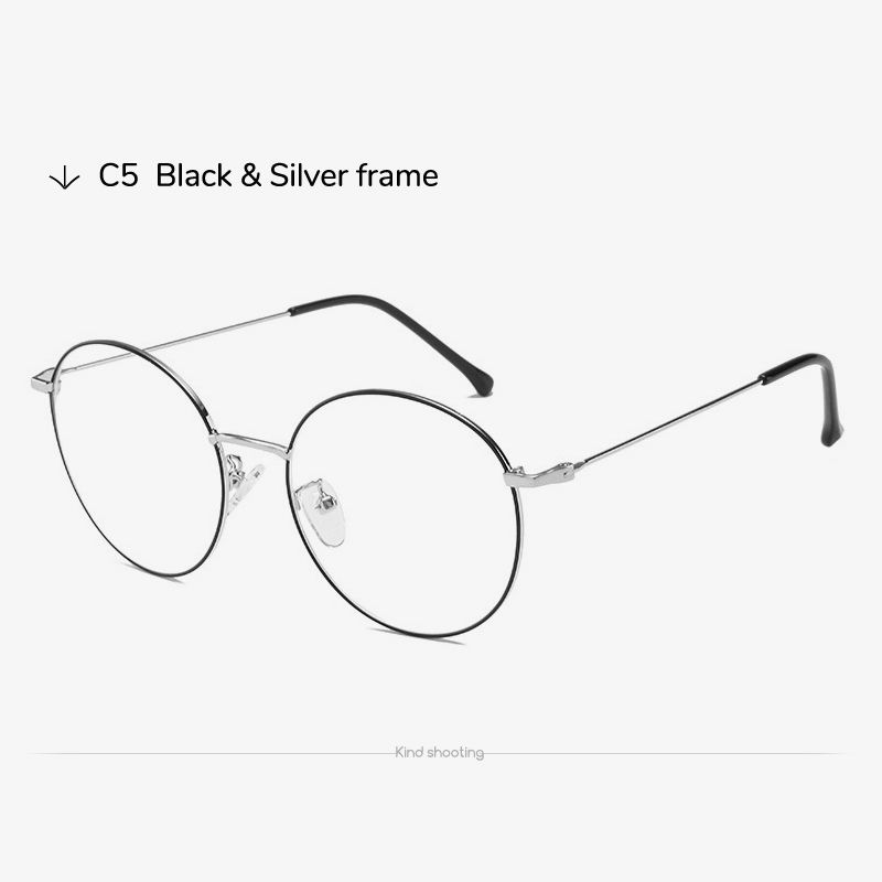 (silver Black)Toketorism Rose Gold Metal Frame Round Glasses Blue Light