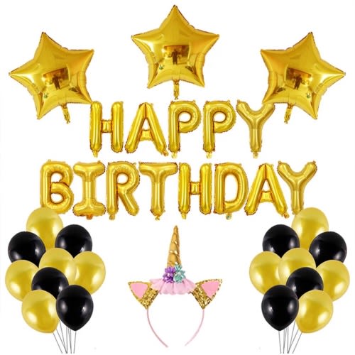 16 Inch Happy Birthday Letter Foil Balloons + Latex Balloons + Balloon Glue With Headband