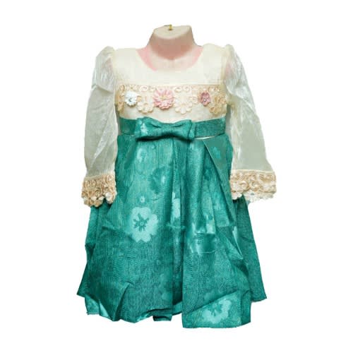 Long Sleeve Party Dress For Girls- Green And Cream