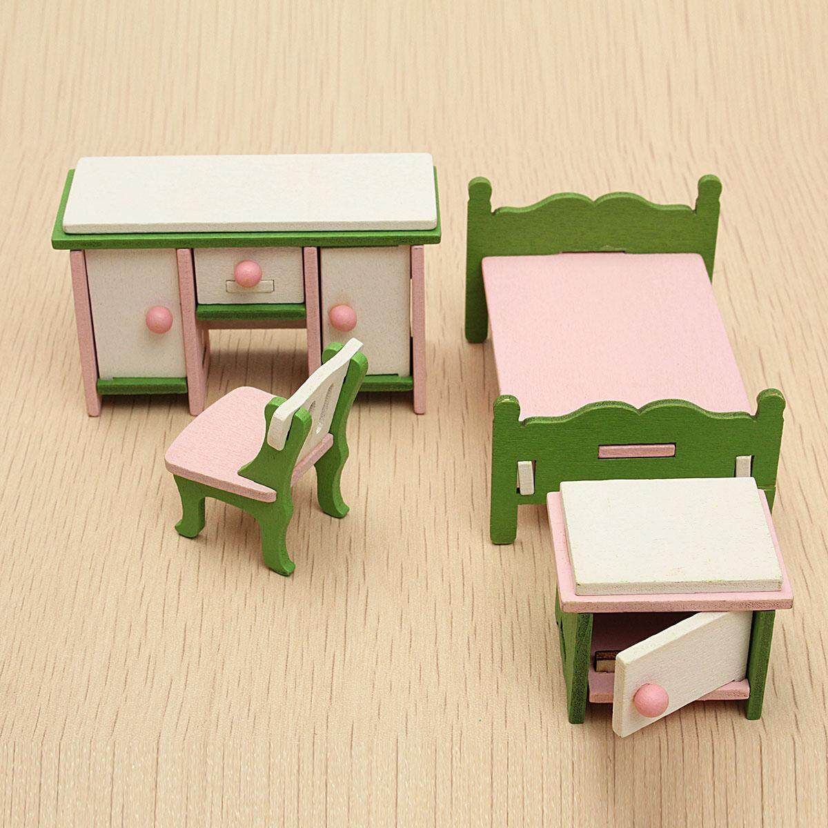 Doll House Miniature Bedroom Wooden Furniture Set Kids Role Pretend Play Toy