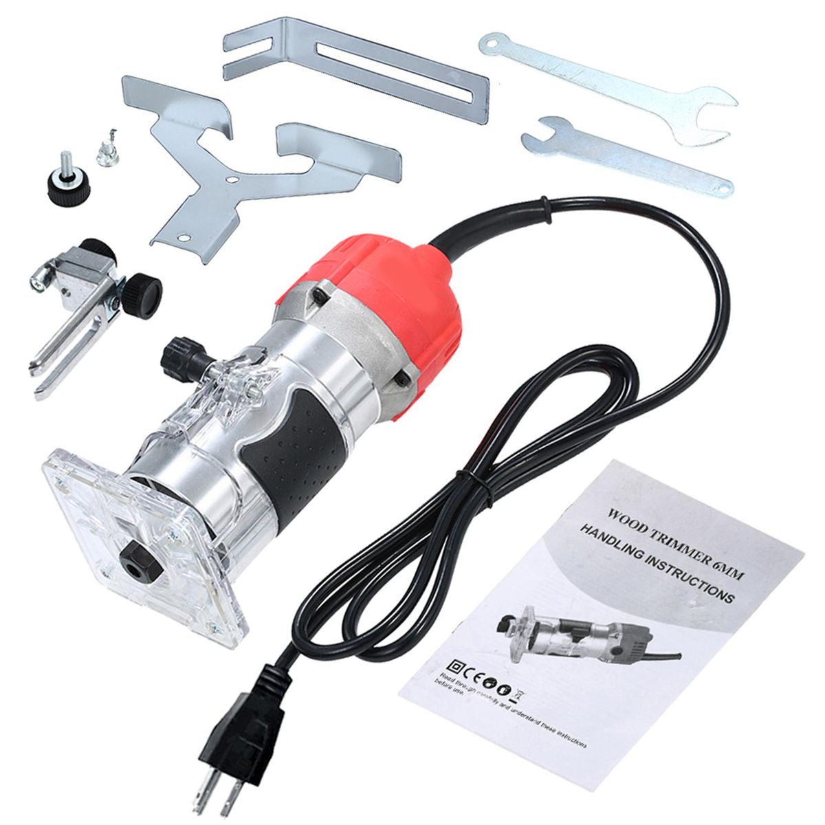 110V 800W Trim Router 30000r/min with Transparent Base Edge Guide Wood Laminate Electric Trimmer Compact Palm Router Corded for Woodworking Trimming Slotting Notching / Aluminum Red / US