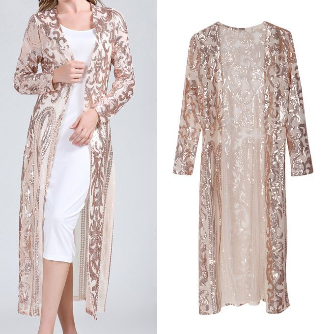 Sequins Long Cardigan Open Front Vintage Outerwear Long Sleeve Golden