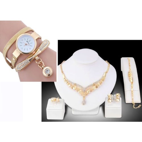 2 In 1 Women Wedding Jewelry Set And Bracelet- Gold
