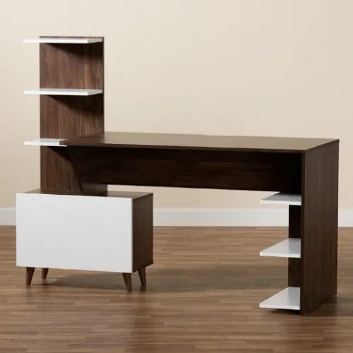 Vivaz Modern 2-tone Storage Computer Desk With Shelves - White & Walnut Brown