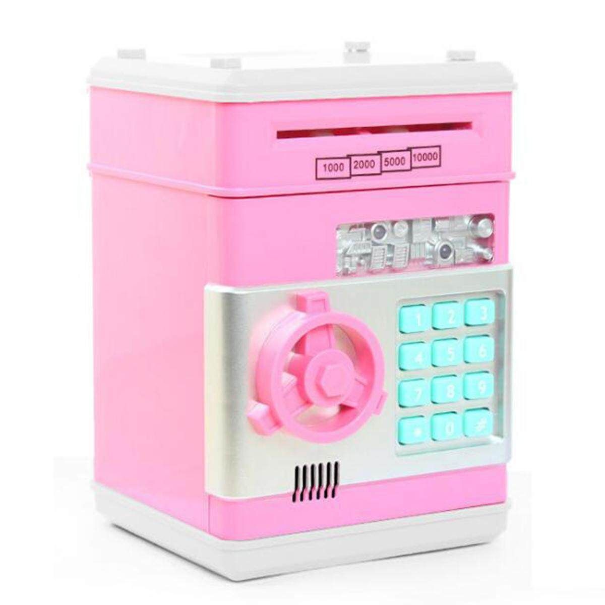 Electronic Password Piggy ATM Money Box Cash Coins Saving Storing Box Pink + Silver