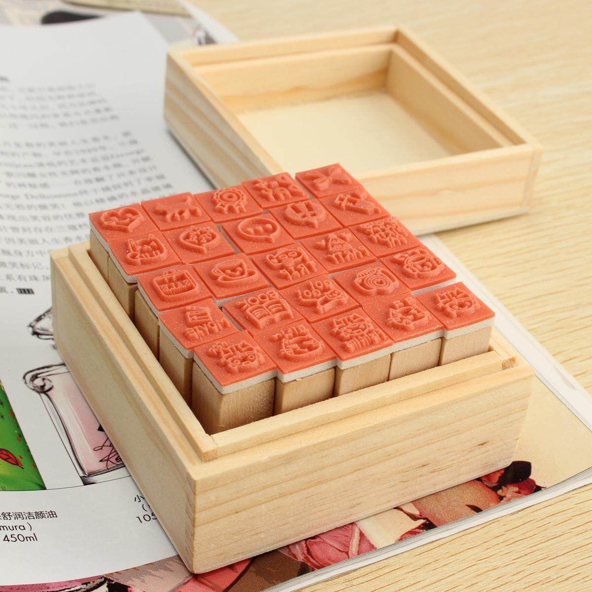 25pcs Happy Life Diary Stamp Set DIY Rubber Wooden Signet With Wooden Box Set X1
