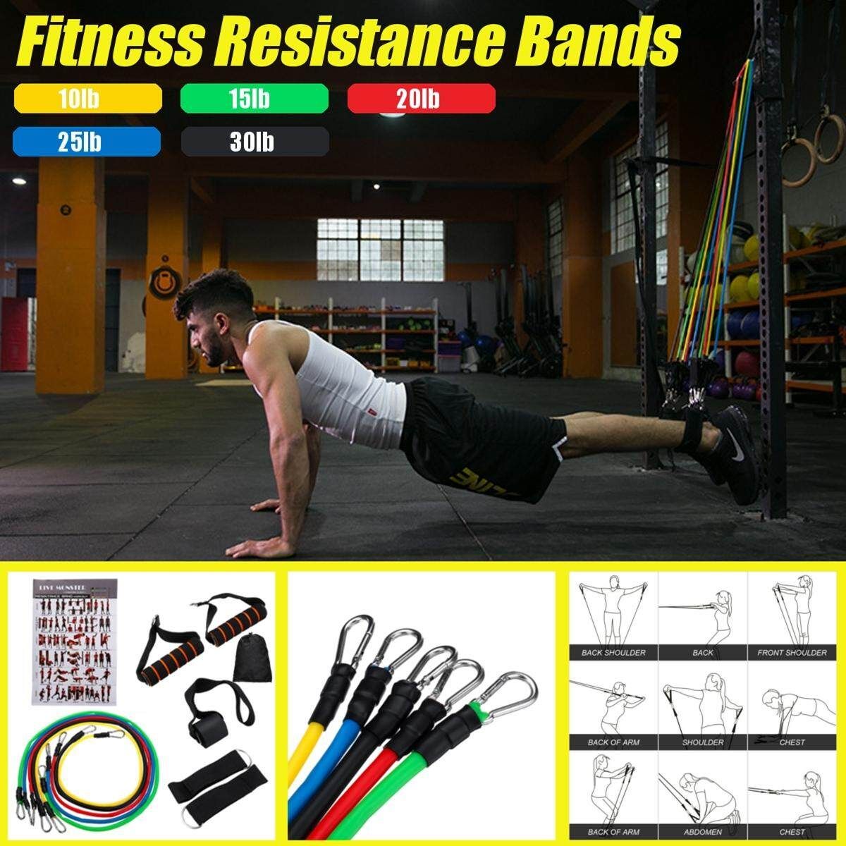 11PCS Fitness Resistance Bands Set 5 Tubes With Handles, Door Anchor,Ankle Strap