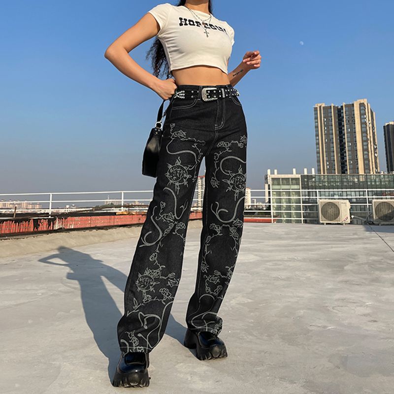 (C)Sunny Y.j. Brown Baggy Girl Jeans Women Heart Print New Aesthetic Vintage 90s Streetwear Denim Trousers Low Waist Straight Pants ACU