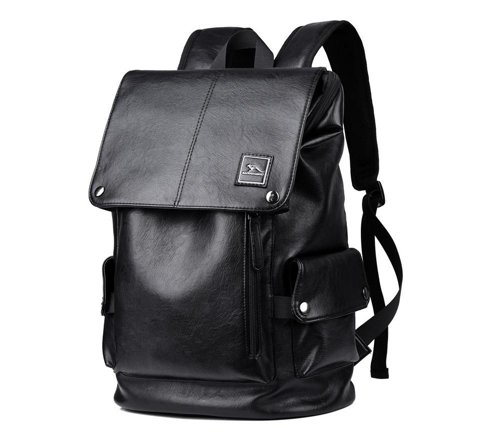 Mens Laptop Backpack Faux Leather Rucksack Rainproof Black