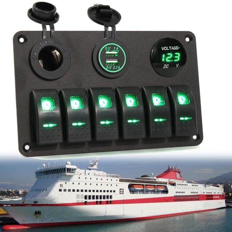Car Marine Boat 6-Gang Waterproof Circuit Multi LED Rocker Switch Panel Breaker Led Green