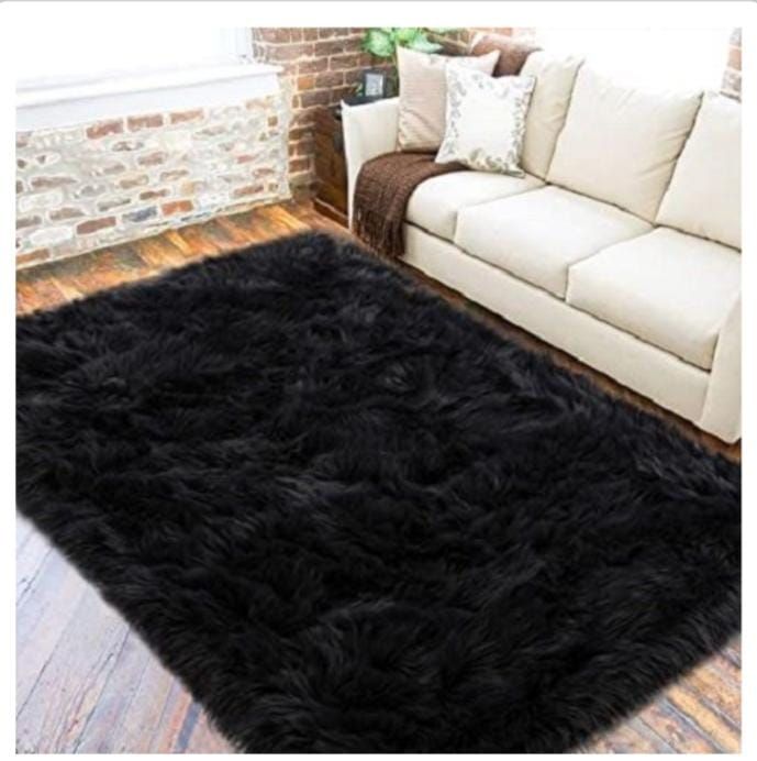 Black Fluffy Shaggy Faux Sheepskin Fur Center Rugs