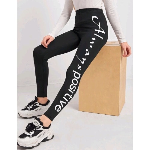 Girls Always Positive Graphic  Leggings- Black/ White