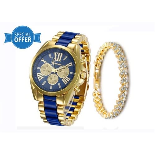 2 In 1 Full Steel Unisex Blue & Gold Wrist Watch & Gold Bracelet