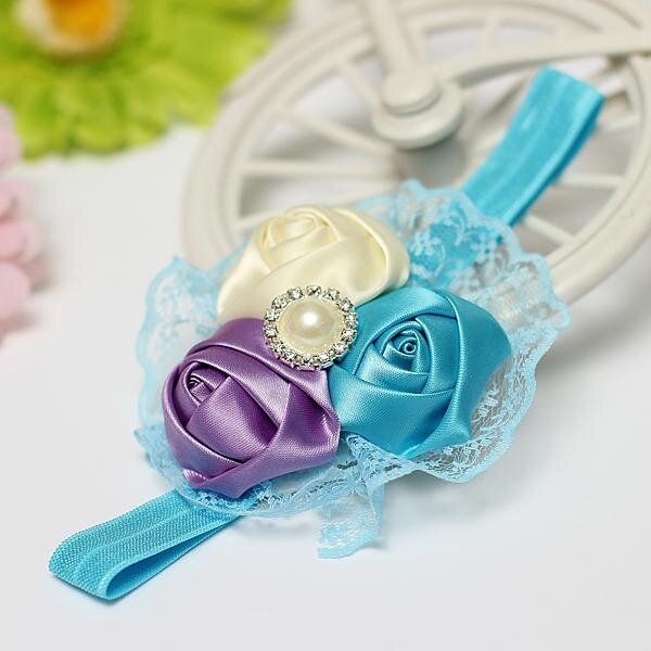 Baby Girl Rose Flower Rhinestone Headband Elastic HairBand Accessories Lace Gift #6-cream / Blue / Purple