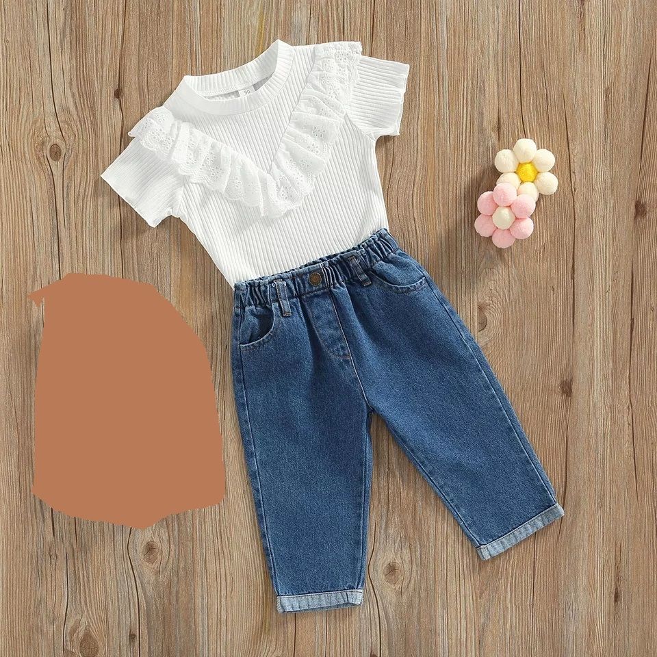 GIRLS BIRTHDAY FASHION 2PSC SET FRILL TOP + JEANS  - WHITE/BLUE