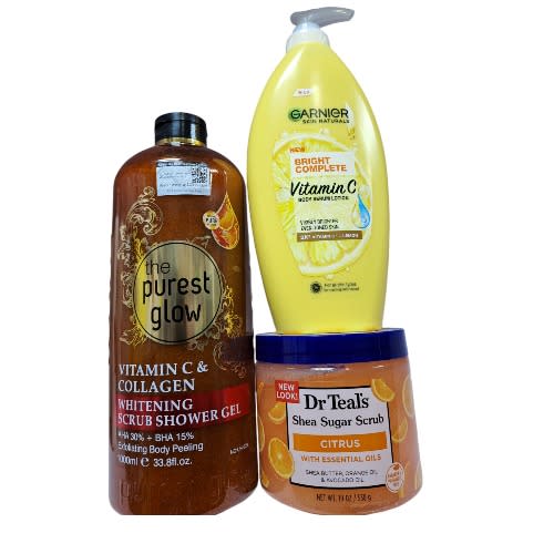 Dr Teal's Scrub 538g - Purest Glow Wash 1000ml And Garnier Vitamin C Lotion 400ml