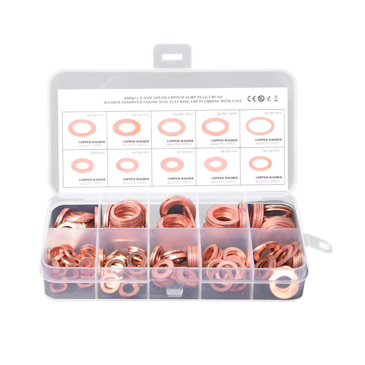 200Pcs O Ring Copper Metric Washers Assortment Kit Flat Sealing Washer 9 Sizes M6 M8 M10 M12 M14