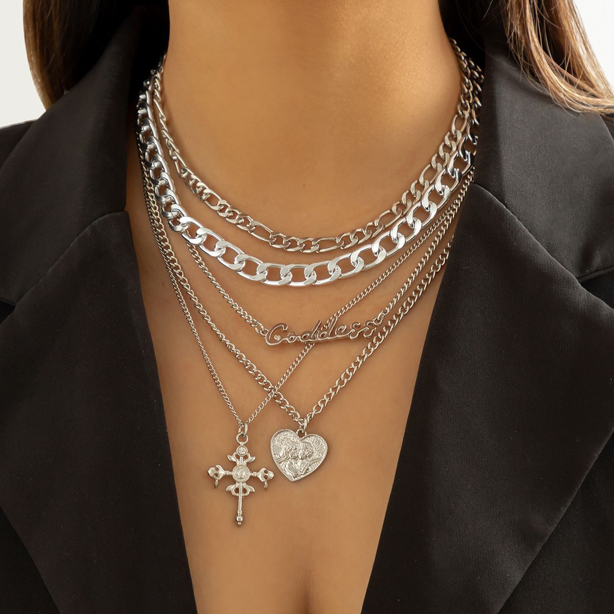 Hip Hop Cross Pendant Necklace Multi Layer Collar Chain