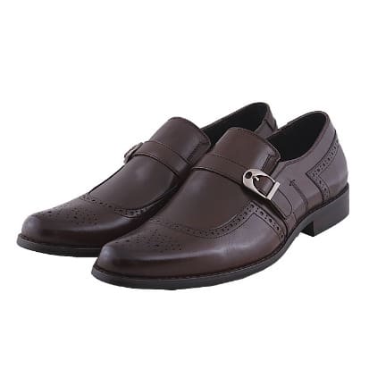 Men&rsquo;s Leather Slip On Shoe With Buckle - Brown - MSH-4364