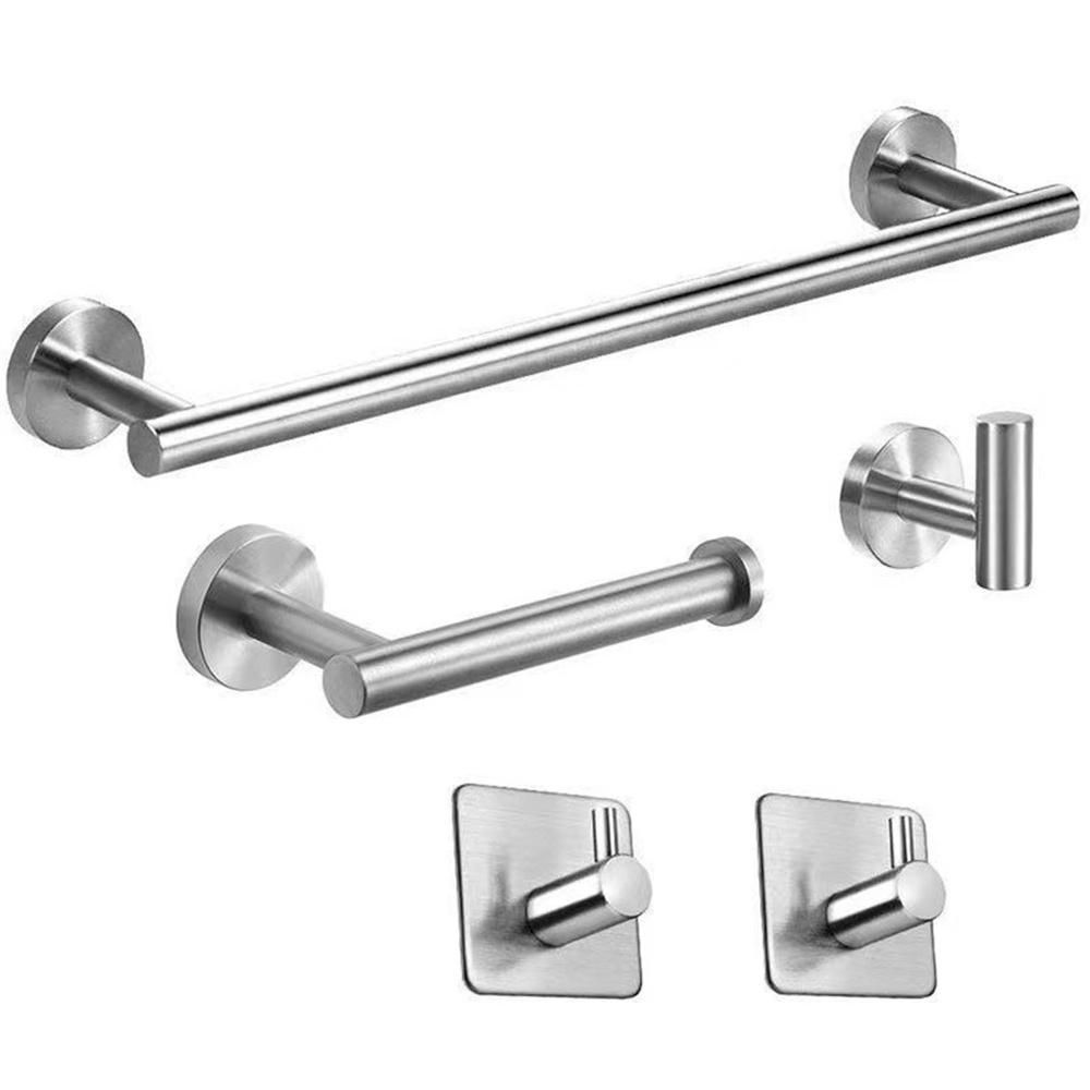 5 Pieces Bathroom Hardware Accessories Set Towel Bar Robe Hooks Toilet Paper Holder 304 Stainless Steel Wall Mounted Bath Towel Rack Holder Silvery