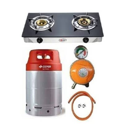 12.5kg Lpg Composite Gas Cylinder + Glass Top Double Burner, Metered Regulator, Hose, Clip