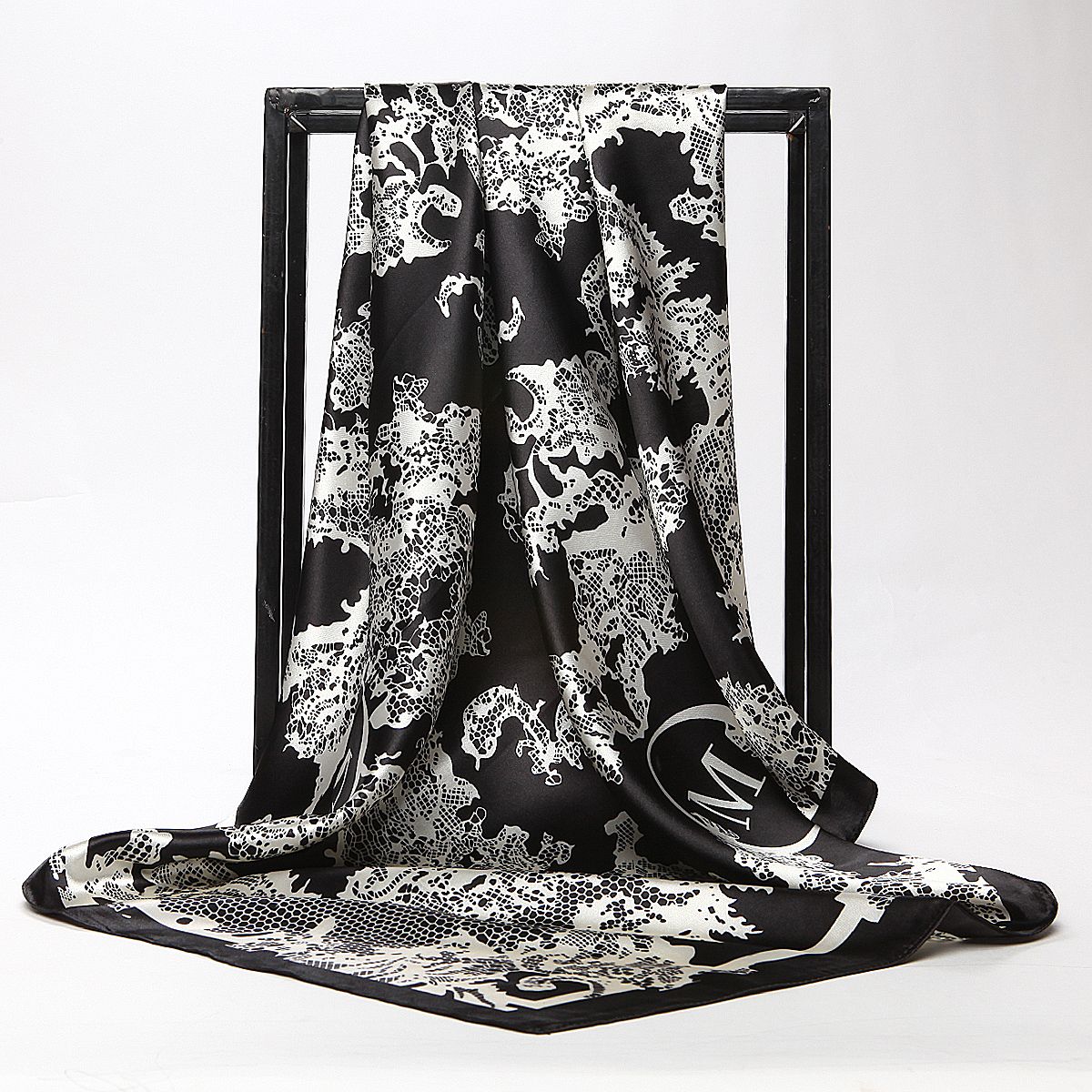 Bandana Scarf Silk Holiday Gift Shawl Wedding Big Square Satin Floral Shiny Lady Women Muslim Hijab Black