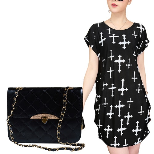 Cross Pattern Ice Silk Mini Top Blouse + Quilted Bag- Black