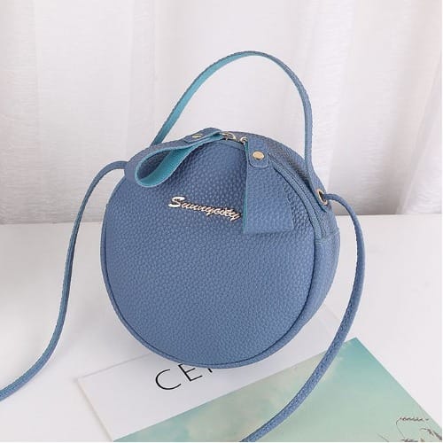 Portable Round Bag Women Casual Handbag Zipper Pu Female Shoulder Bag - Blue