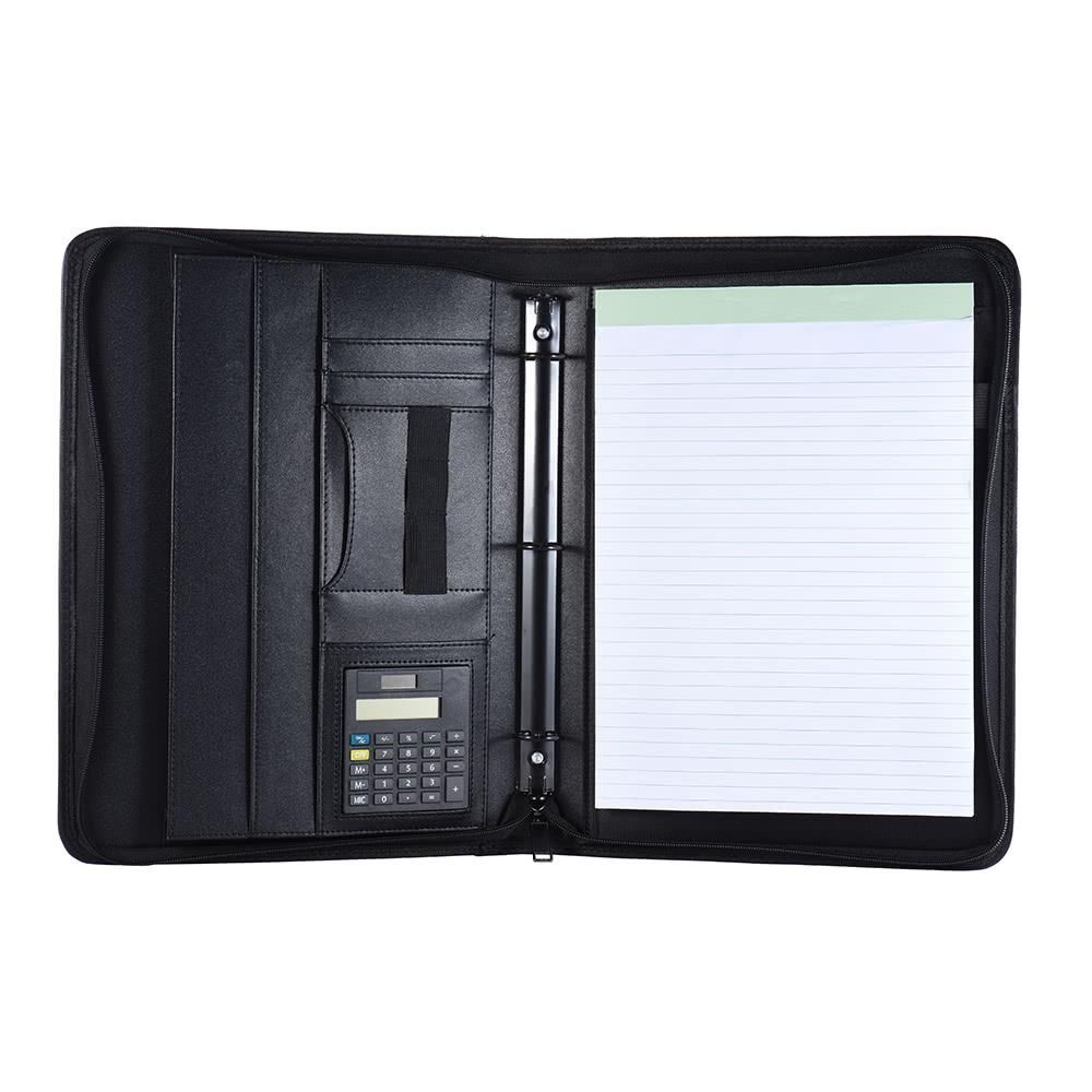 Multifunctional Professional Business Portfolio Padfolio Folder Document Case Organizer A4 PU Leather Zippered Closure Loose-leaf Loop with Caculator Business Card Holder Memo Note Pad