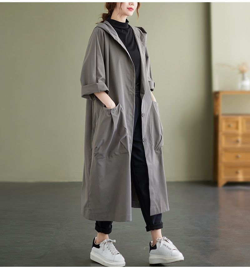 Winter Fall Fashion Women Baggy Big Pockets Hooded Long Sleeve Trench Office Lady Korean Style Oversized Casual Loose Coats