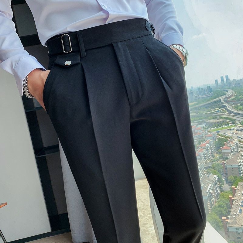 British Style Autumn New Solid High Waist Trousers Men Formal Pants 2022 High