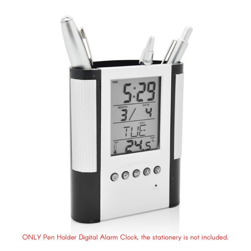 LCD Digital Alarm Clock With Calendar And Pen Holder Stand