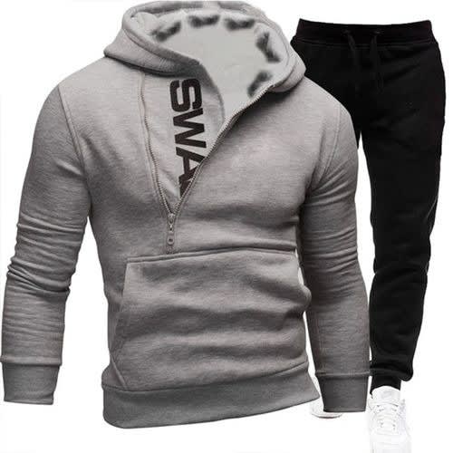 Men Hooded Sweatshirt + Jogger Sweatpants - Black & Grey - 2 Sets