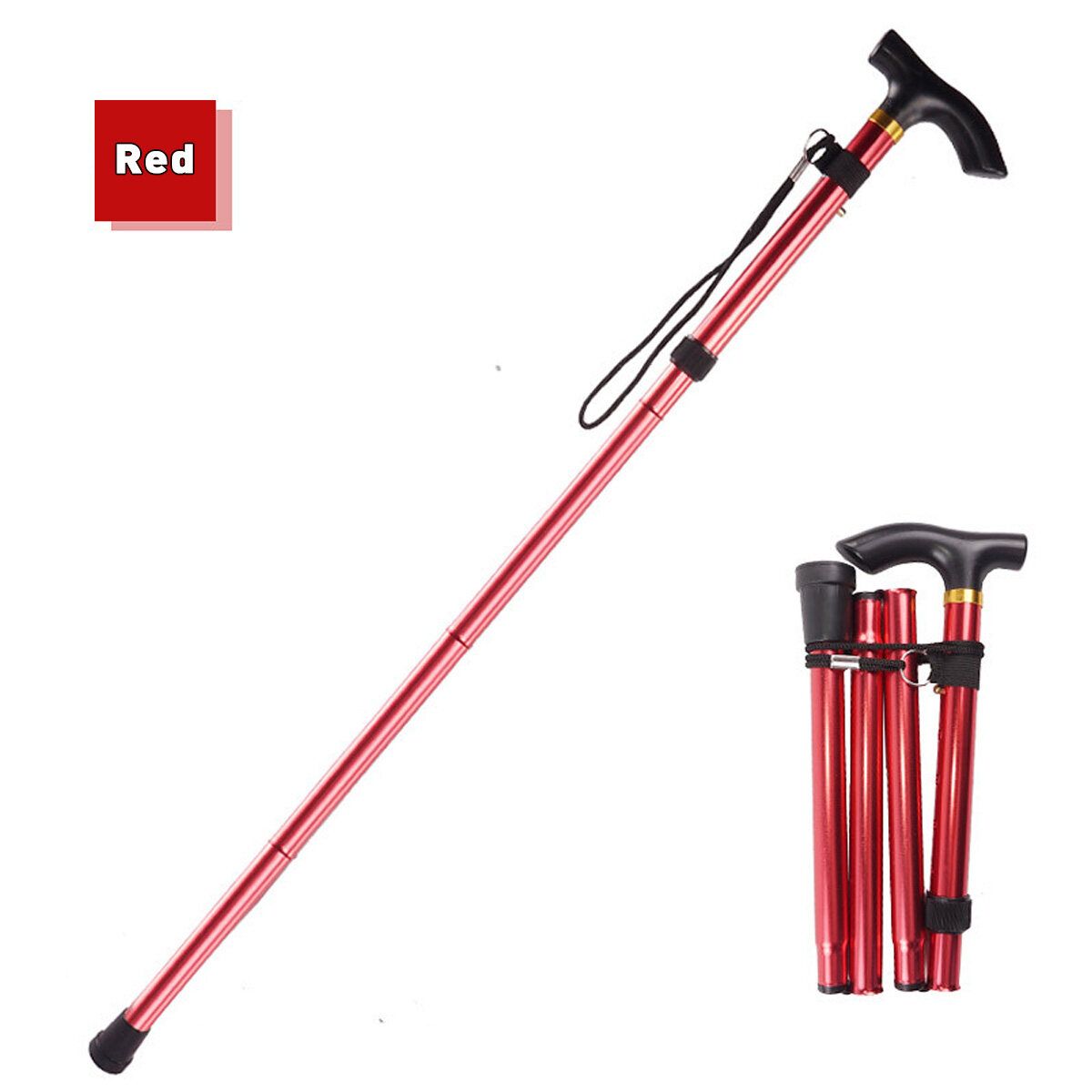 Aluminum Metal Folding Walking Stick With Adjustable Height And Non-slip Rubber Trekking Poles -- Gold /Red /Black /Blue Red