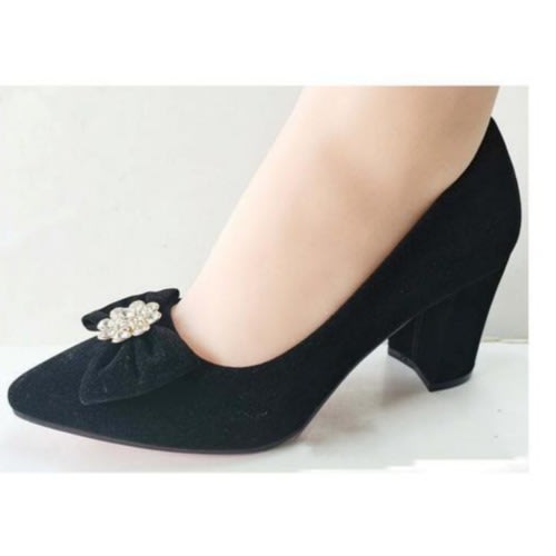 Block Heel Suede Pointed Court Shoe- Black