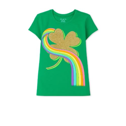 Girls Glitters Floral Rainbow Graphic Top- Green