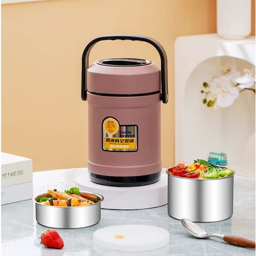 Stainless Steel Vacuum Thermal Lunch Box Food Warmer - 3 Layer - Pink- 1.5L