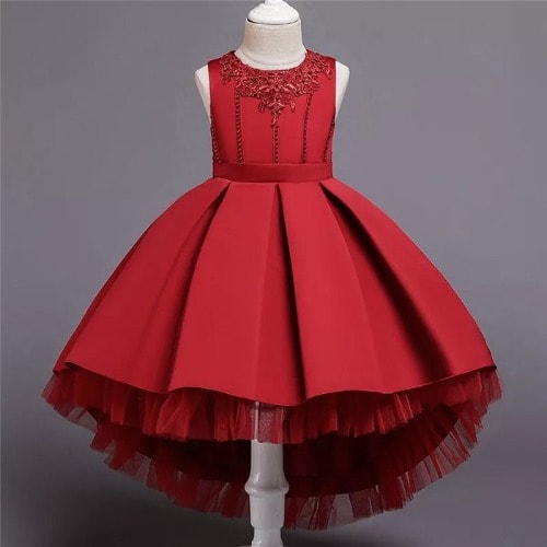 Girls Satin Lace Trim Party Pleated Hi-low Ball Dress